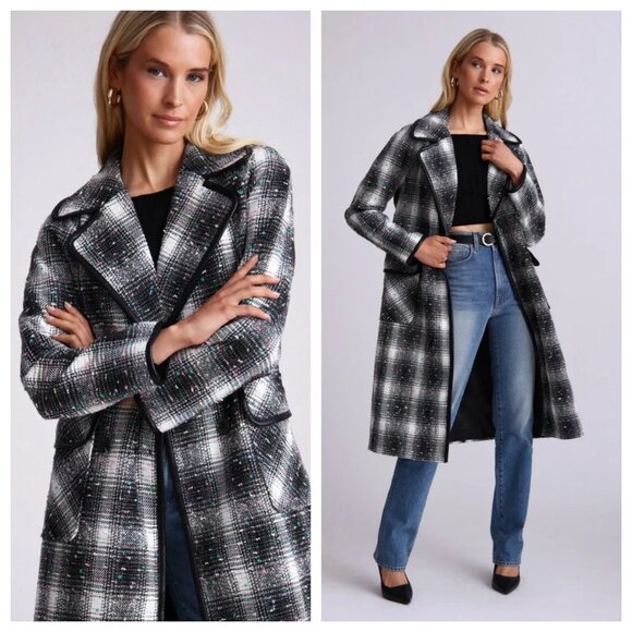 Avec Les Filles Plaid Tweed Double Breasted Coat in Black Multi Plaid - Picture 1 of 6